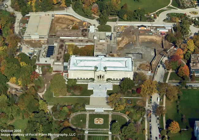 An aerial photograph of the museum taken in October 2005 shows how various additions had shifted the plan west and resulted in confusing circulation. Vi'oly's scheme restored the symmetry of the origi