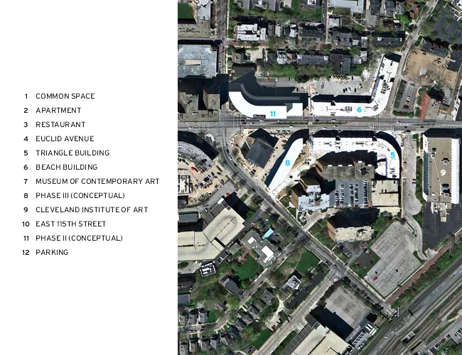 While the buildings line Euclid, they avoid uniformity with playful window patterns, ribbed aluminum facades that cast varying shadows, and plazas with landscape design by James Corner Field Operation