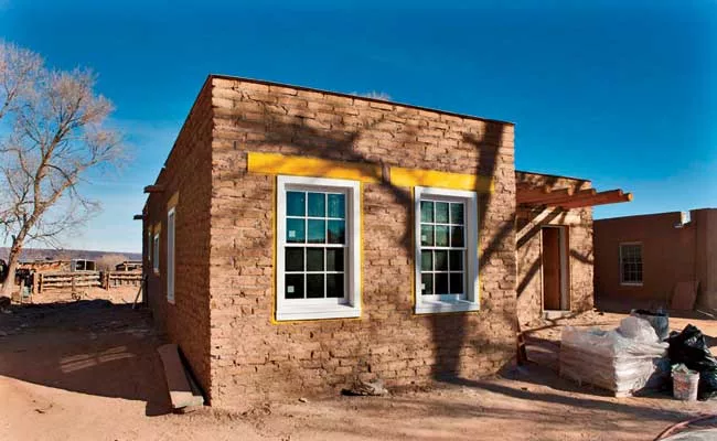 The restored and rebuilt walls are made of traditional adobe: sun-dried brick-and-mud mortar that is then covered with mud plaster.