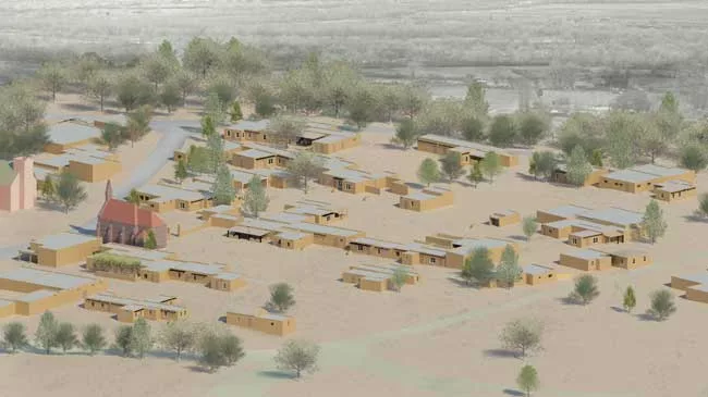 Before the start of the first phases of the preservation project, attached adobe houses loosely delineated a series of plazas.