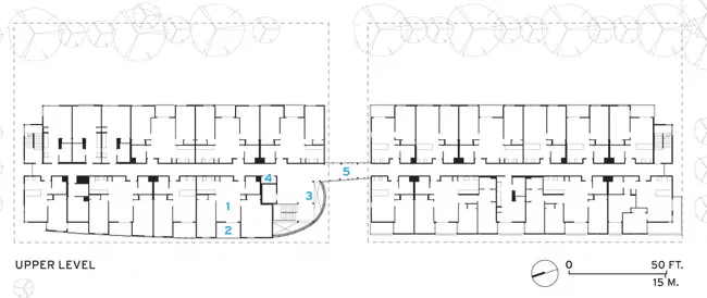 1 Residential Units<br />2 Private Balconies<br />3 Open-air Stair<br />4 Elevator<br />5 Open-air Bridge