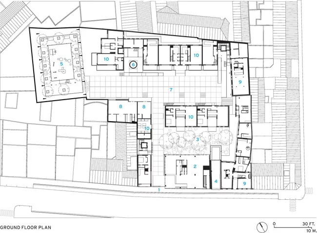 1 Entrance<br />2 Day-care Center<br />3 Garden<br />4 Parking<br />5 Playground<br />6 Chimney<br />7 Courtyard<br />8 Communal Lounge/Laundry Area<br />9 Existing Structure/Housing<br />10 New Housi