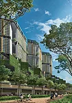 From a linear park running along an existing canal, the project looks like a folded wall of housing towers sitting above a parking and retail podium.
