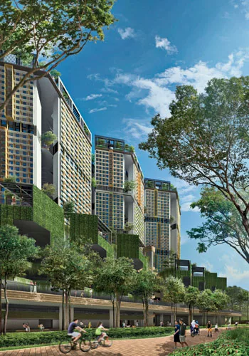 From a linear park running along an existing canal, the project looks like a folded wall of housing towers sitting above a parking and retail podium.
