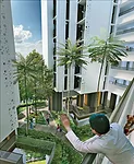 In plan, each tower forms a diamond, with four angled wings enclosing a common outdoor space. In section, each tower is made of stacked &ldquo;sky villages&rdquo; with 80 apartments overlooking a rais