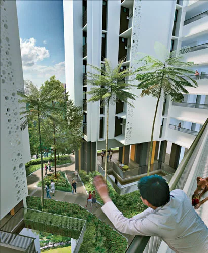 In plan, each tower forms a diamond, with four angled wings enclosing a common outdoor space. In section, each tower is made of stacked &ldquo;sky villages&rdquo; with 80 apartments overlooking a rais