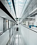 On the north edge of the sixth floor, a narrow skylit shaft brings natural illumination into the interior, separating the offices (banked on two levels) from the higher-ceilinged laboratories. The ski