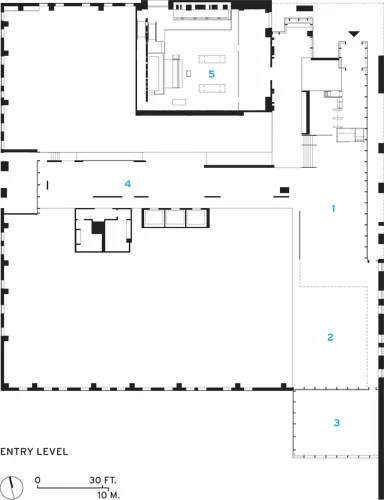1 Lobby<br />2 Jury assembly<br />3 Patio<br />4 Atrium<br />5 Special-proceedings courtroom