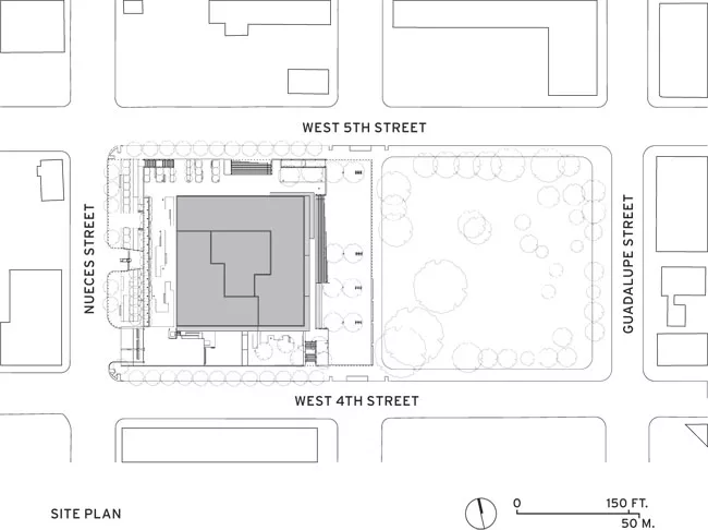 1 Lobby<br />2 Jury assembly<br />3 Patio<br />4 Atrium<br />5 Special-proceedings courtroom