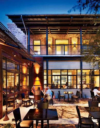 A restaurant attached to the Full Goods Warehouse provides indoor and outdoor dining.