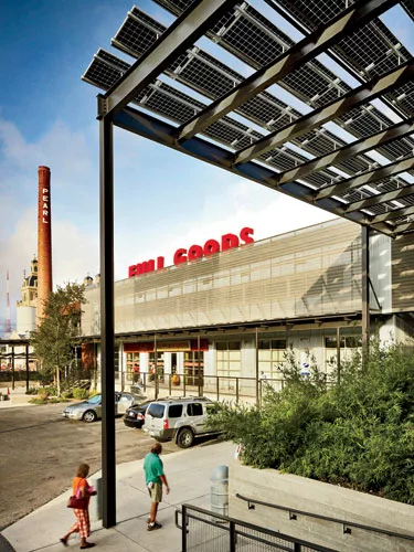 Photovoltaic panels on the roof provide an alternative source of energy. 