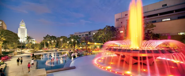 Visitors to the park descend a terraced entry from Grand Avenue to the fountain plaza, which includes the restored Arthur J. Will Memorial Fountain and wading pool. A glass-walled pavilion houses a St