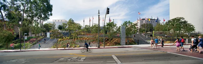 Stairs and ramps, accessed from Broadway, lead to the park's third block'the community terrace'containing a plaza surrounded by gardens.