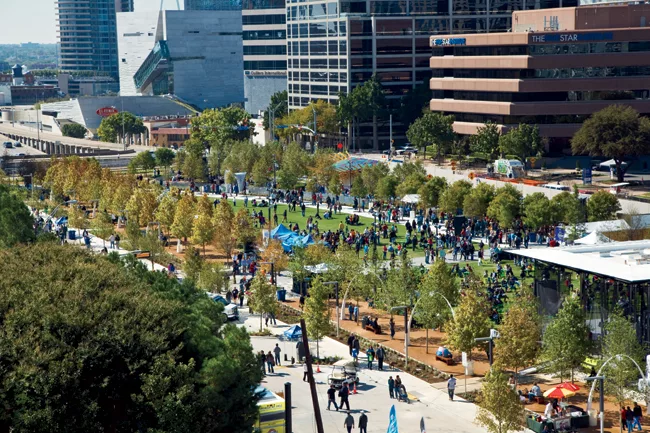 The ambitious Klyde Warren Park covers a 1,200-foot-long stretch of the Woodall Rodgers Freeway. A serene, 2,400-square-foot concert pavilion by Thomas Phifer and Partners is open on all sides.