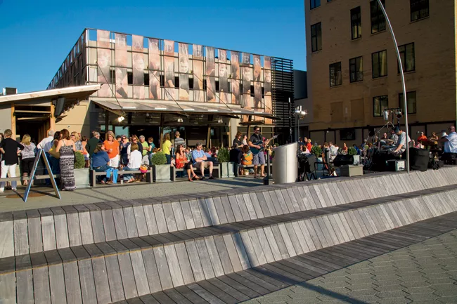 Landscape architects at Stoss used a variety of materials for the walking surfaces, including ip' wood and hexagonal-shaped concrete pavers that they designed themselves.