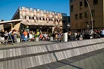 Landscape architects at Stoss used a variety of materials for the walking surfaces, including ip' wood and hexagonal-shaped concrete pavers that they designed themselves.