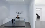 The reception desk at the entrance is clad in aluminum to bounce indirect light, while the existing wood floor is painted gray with an ebony finish to ground the white interior with a smoky, planar su