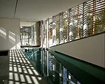 The recreation building features an interior lap pool, steam room, staff lounge, open living area, an interior courtyard, and an art gallery that connects the various spaces up to a second floor glass