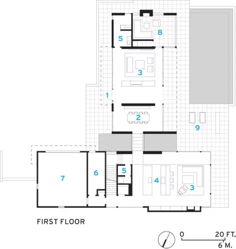 1) Entry<br />2) Dining<br />3) Living<br />4) Kitchen<br />5) Bathroom<br />6) Service Entry<br />7) Garage<br />8) Screened Porch<br />9) Terrace