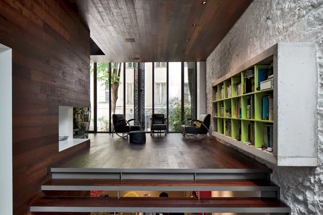 Perforated metal screens offer privacy and daylight.