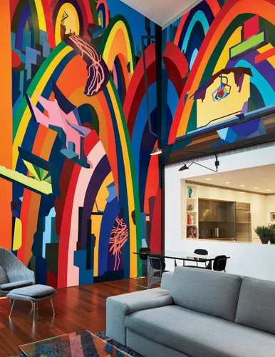 The clients commissioned a mural by Franz Ackermann for a double-height family room.