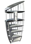 In the 6-story version of the house, the 5th floor is serves as a large VAWT spinning about a narrow core that encloses stairs and piping.