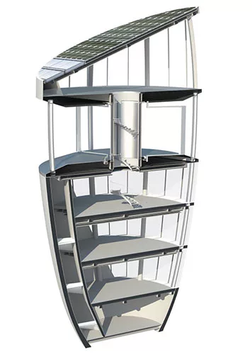 In the 6-story version of the house, the 5th floor is serves as a large VAWT spinning about a narrow core that encloses stairs and piping.