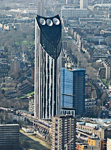 The BIWP turbines at this 485-foot-tall residential tower in London are housed within three cowls punched through its crown. As the result of an intensive design assessment, the project team selected 