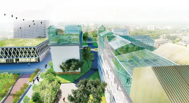 For its latest verticalagriculture project, SOA has proposed a set of rooftop greenhouses as part of the renovation of a public-housing complex in the Paris suburb of Romainville. The greenhouses' onl