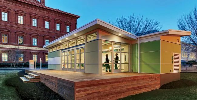 Designed by Perkins+Will, a Sprout Space was installed last spring on the grounds of the National Building Museum in Washington, D.C., as part of a Green Schools exhibition. The building has ample gla