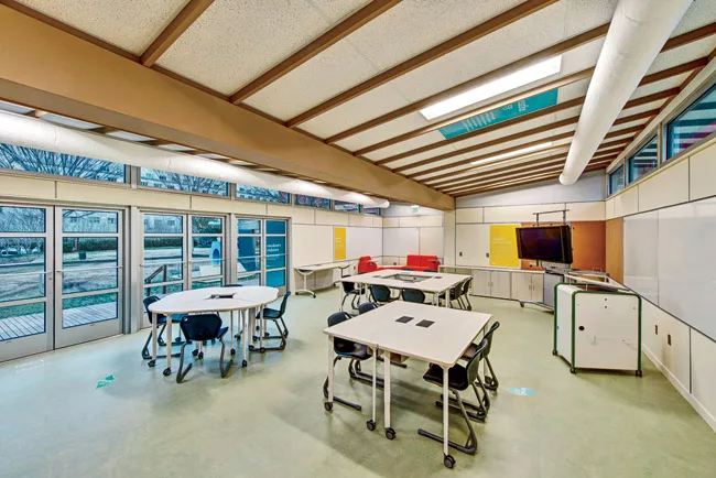 Marker boards replace drywall on the interior and&mdash;allowing teachers to bring the classroom outside&mdash;some of the exterior cladding panels.