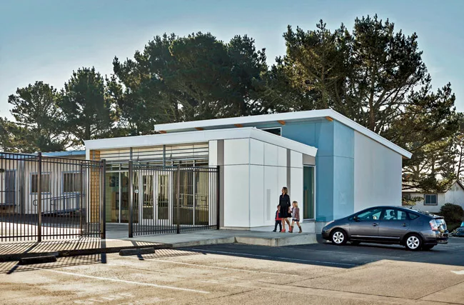 The component building system developed by Project Frog and HMC Architects, which they have dubbed &rdquo;Impact,&ldquo; is being installed at South San Francisco schools as permanent modular construc