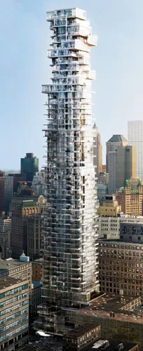 The 830-foot-tall tower designed by Herzog & de Meuron and planned for Manhattan’s TriBeCa neighborhood will have floors cantilevering as much as 25 feet, creating the impression they are precar