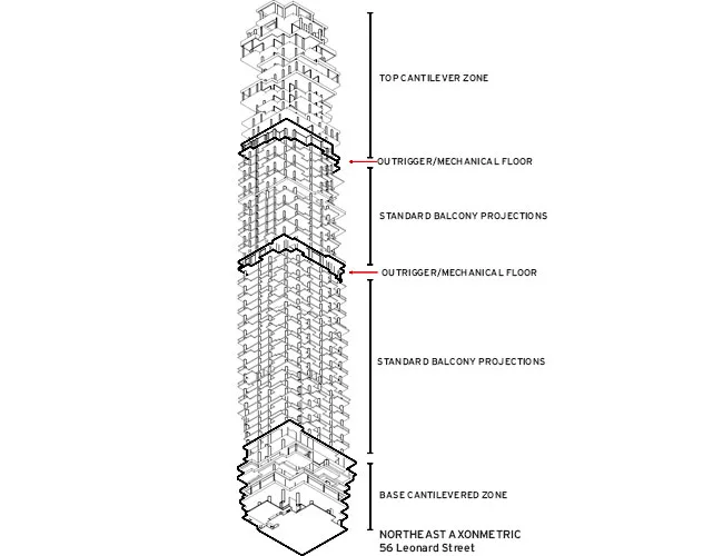 Some of the dozen floors already poured (slide 6) give an indication of the cantilevers that will project from the 830-foot-tall tower (slide 7) designed by Herzog & de Meuron. Its most daring cantile