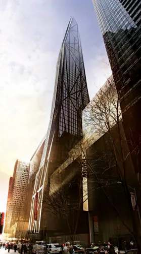 The top of the hotel and condo tower that soon will begin to rise next to the Museum of Modern Art tapers to fit within a pair of sky exposure planes that converge from two streets. The building, desi