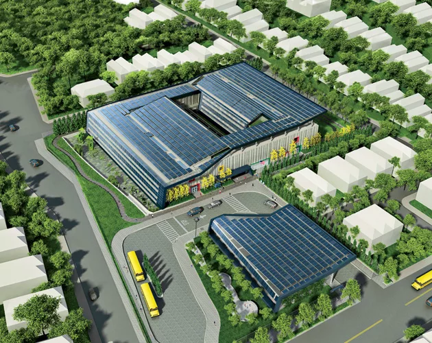 The New York City public school designed by SOM for a site on Staten Island will derive its renewable energy from PVs covering the roof and south-facing elevations. 