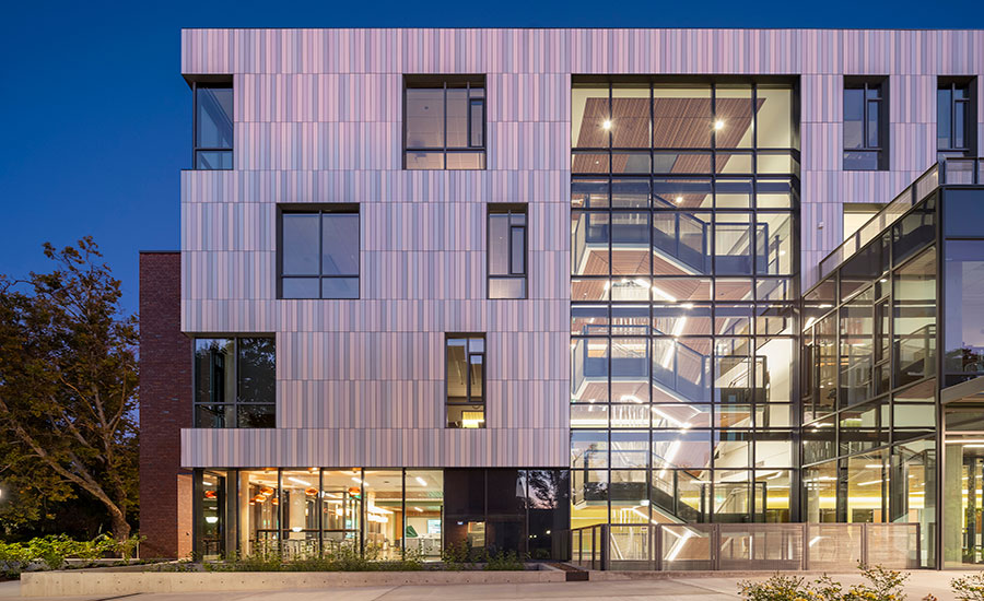 Tykeson Hall, an academic center at the University of Oregon, integrates an innovative terracotta rainscreen.