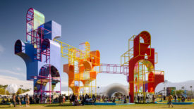 Wide view of Coachella's polo field with Coccon by Martín Huberman, The Playground by Architensions, Circular Dimensions by Cris Cichocki and Spectra by NEWSSUBTANCE.