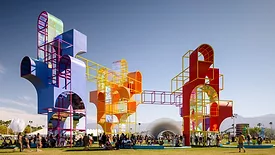 Wide view of Coachella's polo field with Coccon by Martín Huberman, The Playground by Architensions, Circular Dimensions by Cris Cichocki and Spectra by NEWSSUBTANCE.