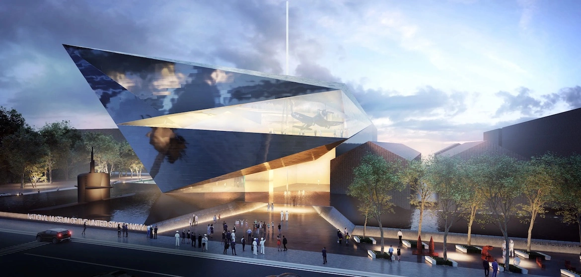 exterior rendering of a proposed naval museum.