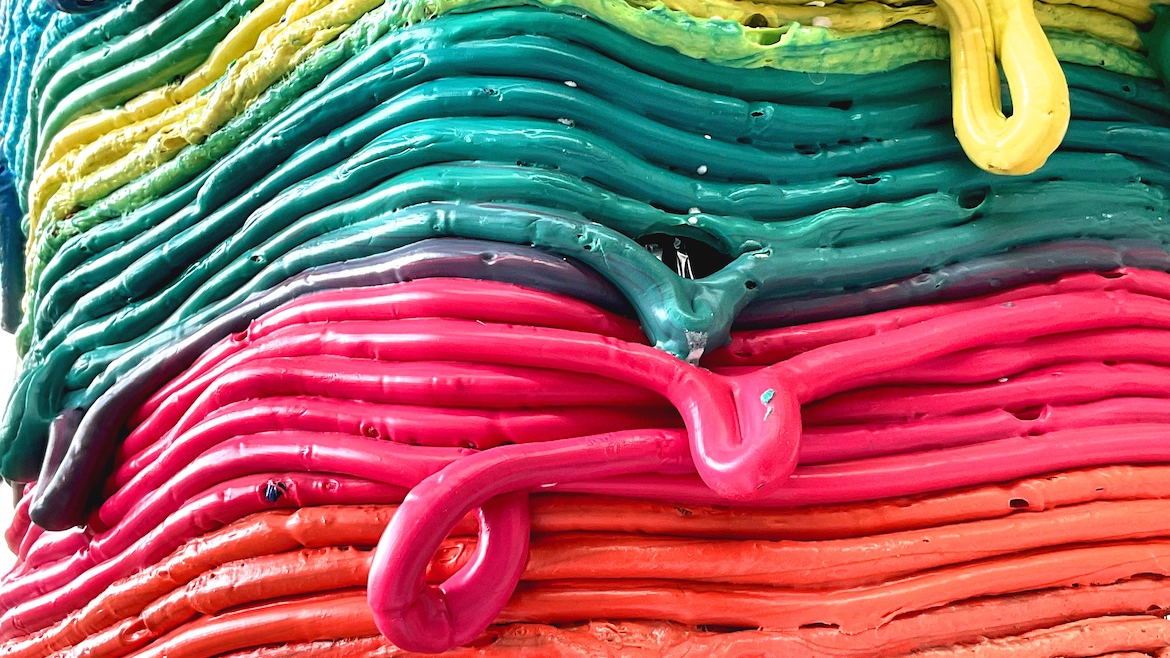 view of a colorful work made from recycled plastic