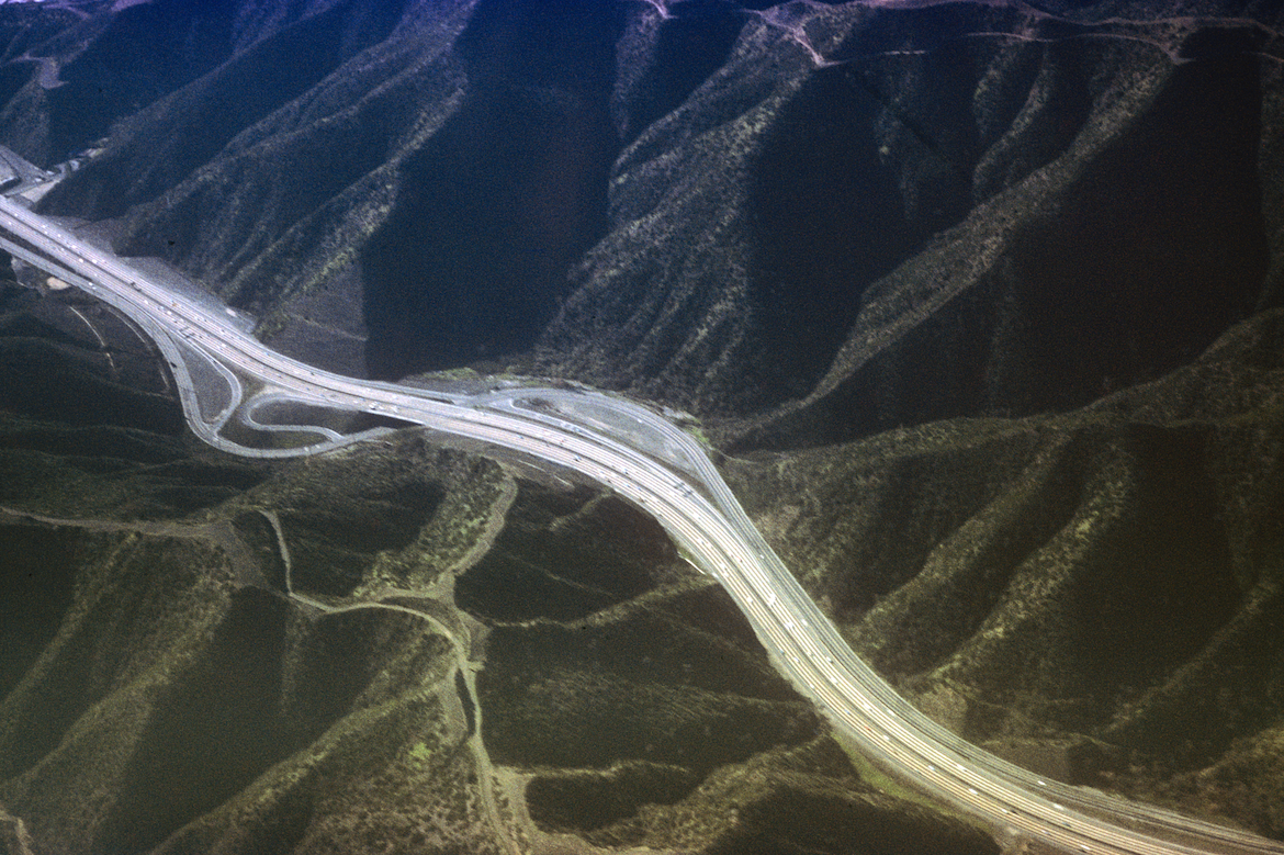 aerial view of los angeles freeway in 1960s.