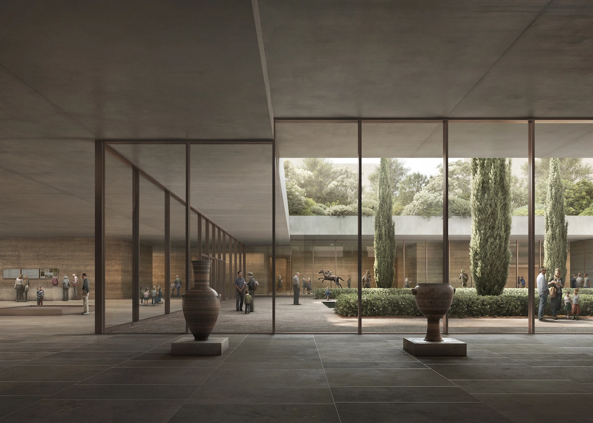 rendering of gallery spaces facing into a courtyard.