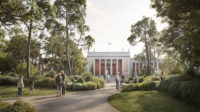 a rendering of a neoclassical museum surrounded by parkland