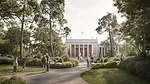 a rendering of a neoclassical museum surrounded by parkland