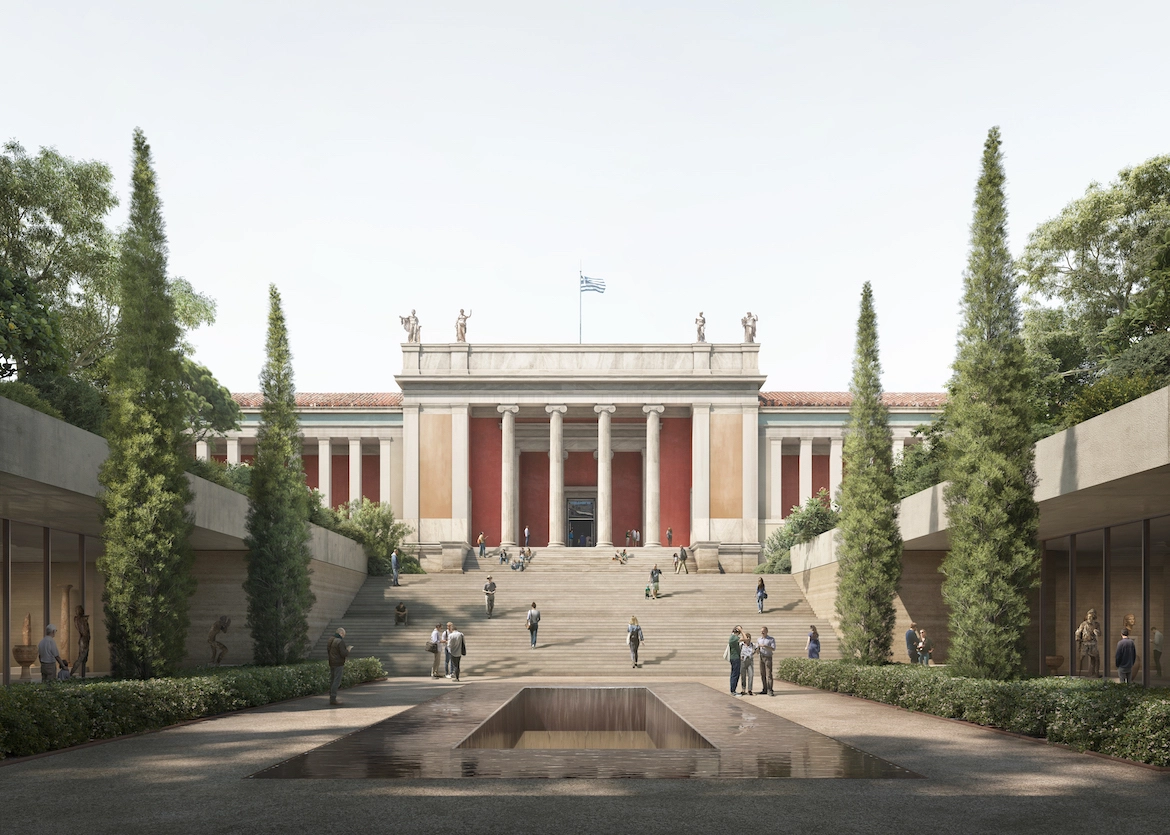 rendering of a central courtyard at a neoclassical museum in athens.