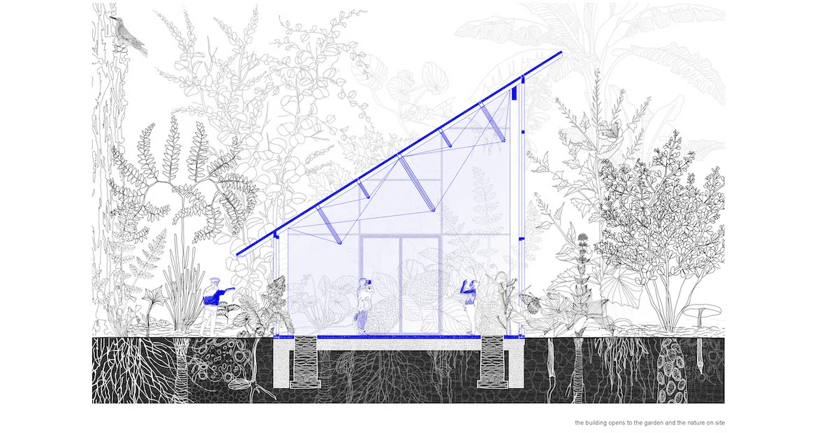 drawing of a glass-enclosed pavilion