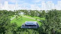rendering of a concrete pavilion in a park