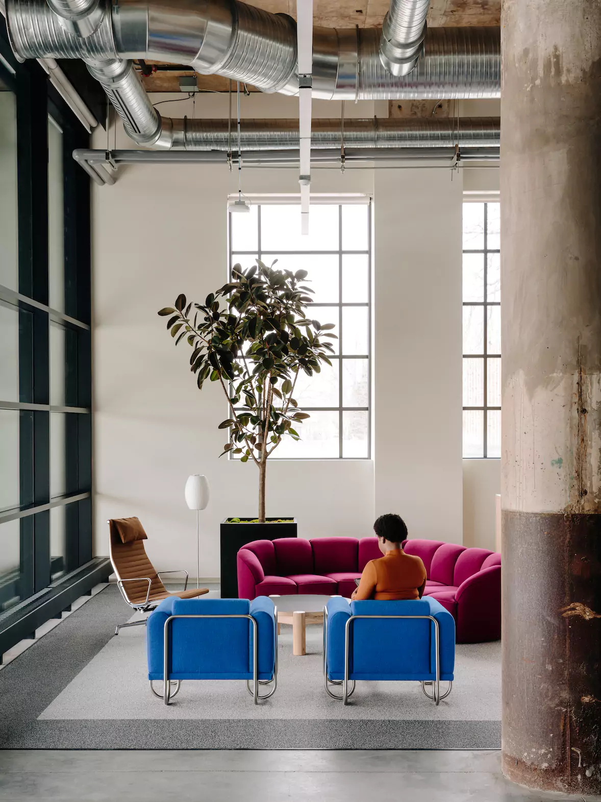 colorful seating in an industrial space