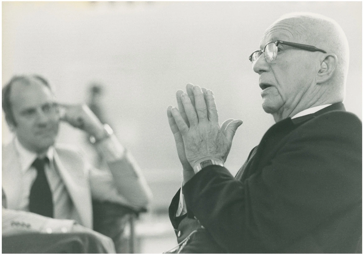 archival photo of norman foster and buckminster fuller.